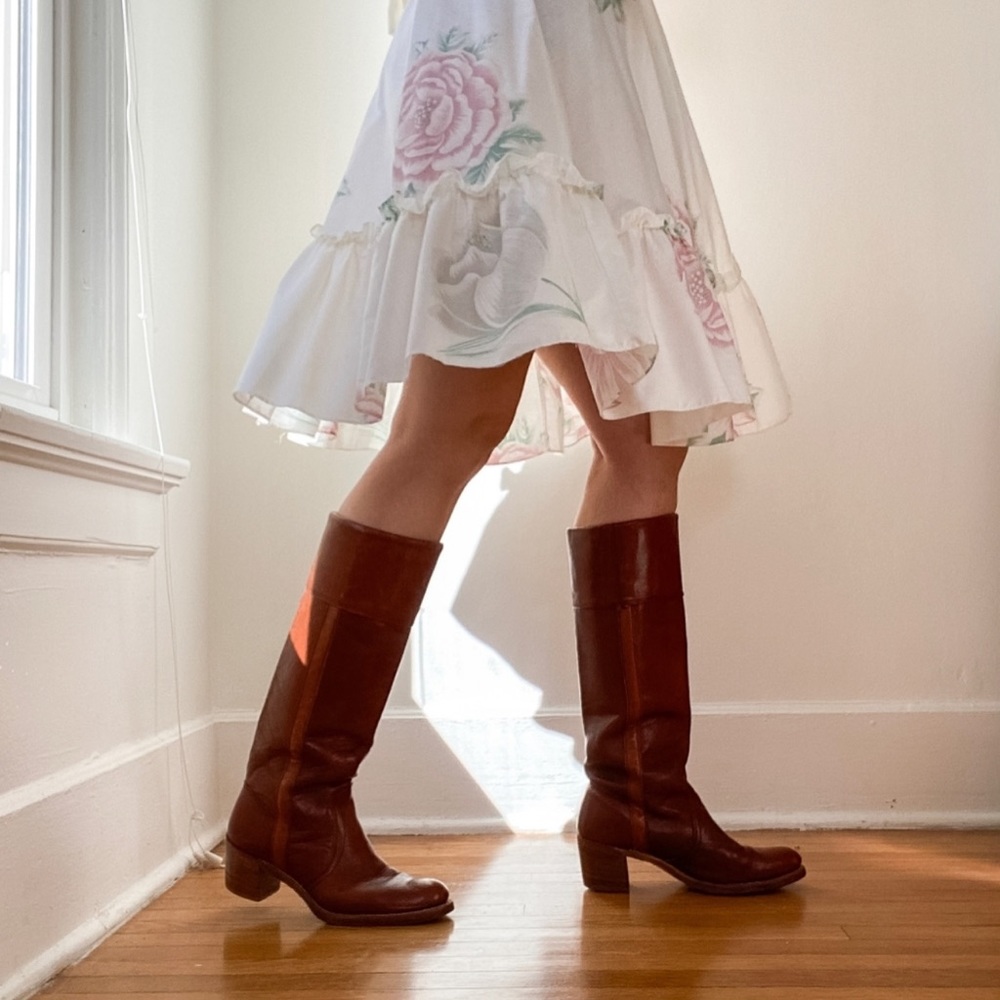 Vintage Frye Campus Boots - Knee-High, Cognac, Cuffed Leather, Stacked Heel (7B)